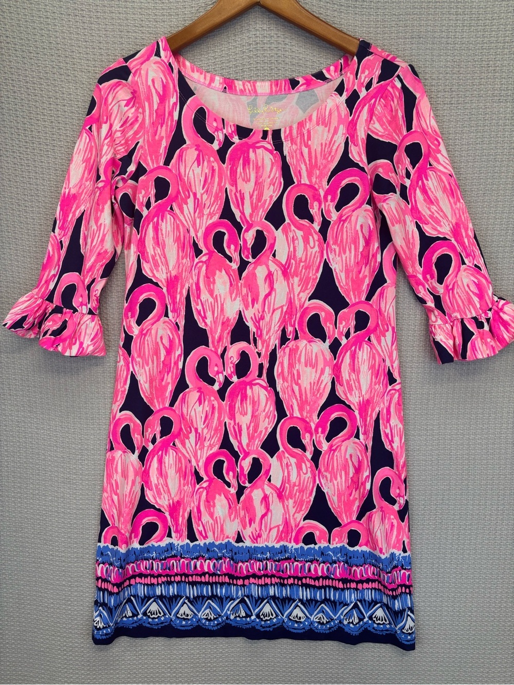 Lilly Pulitzer Sophie Ruffle Dress Pink Flamingo High Tide UPF 50 Small Resort